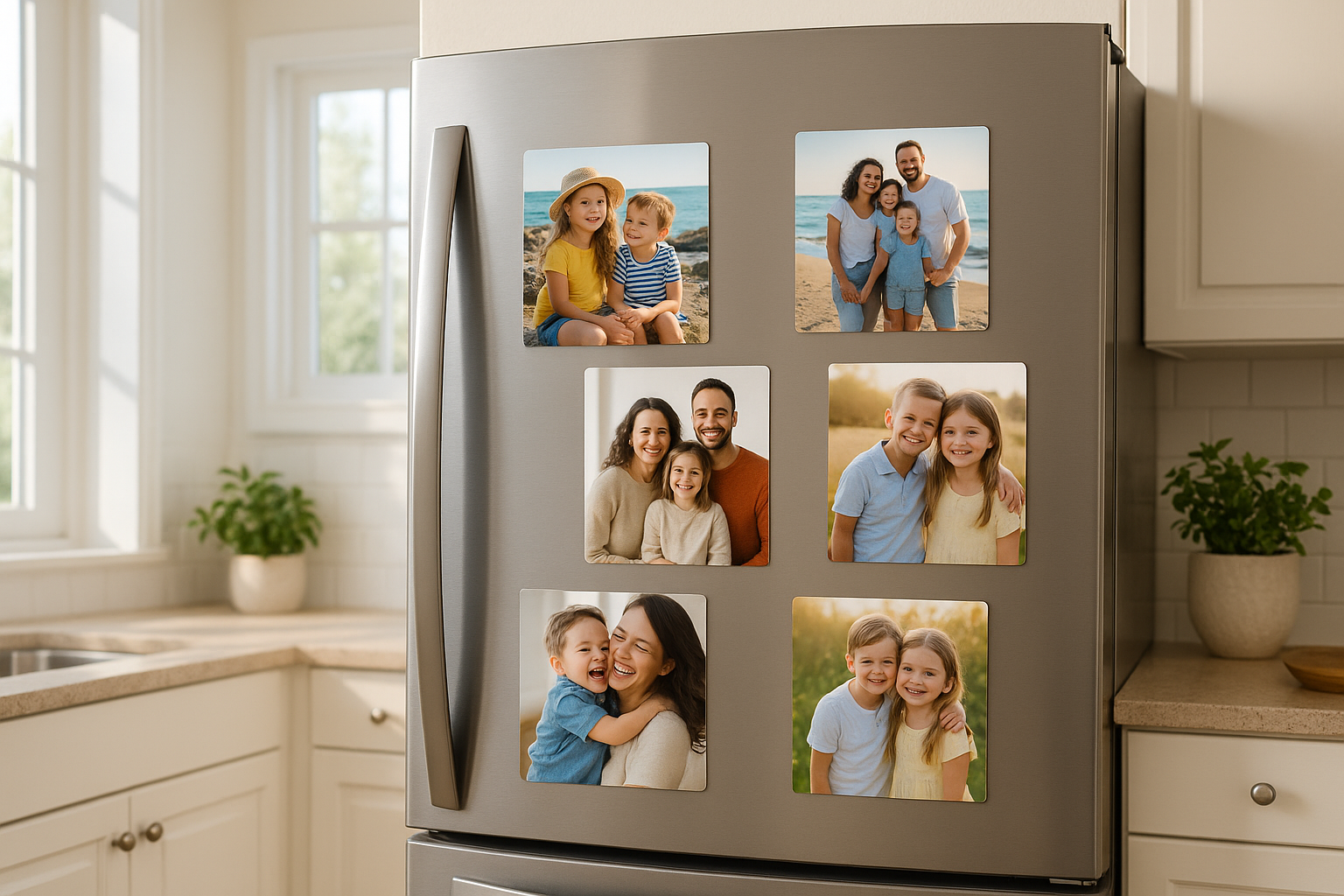 2.5 x 3.5 photo magnets on a silver refrigerator with a bright kitchen